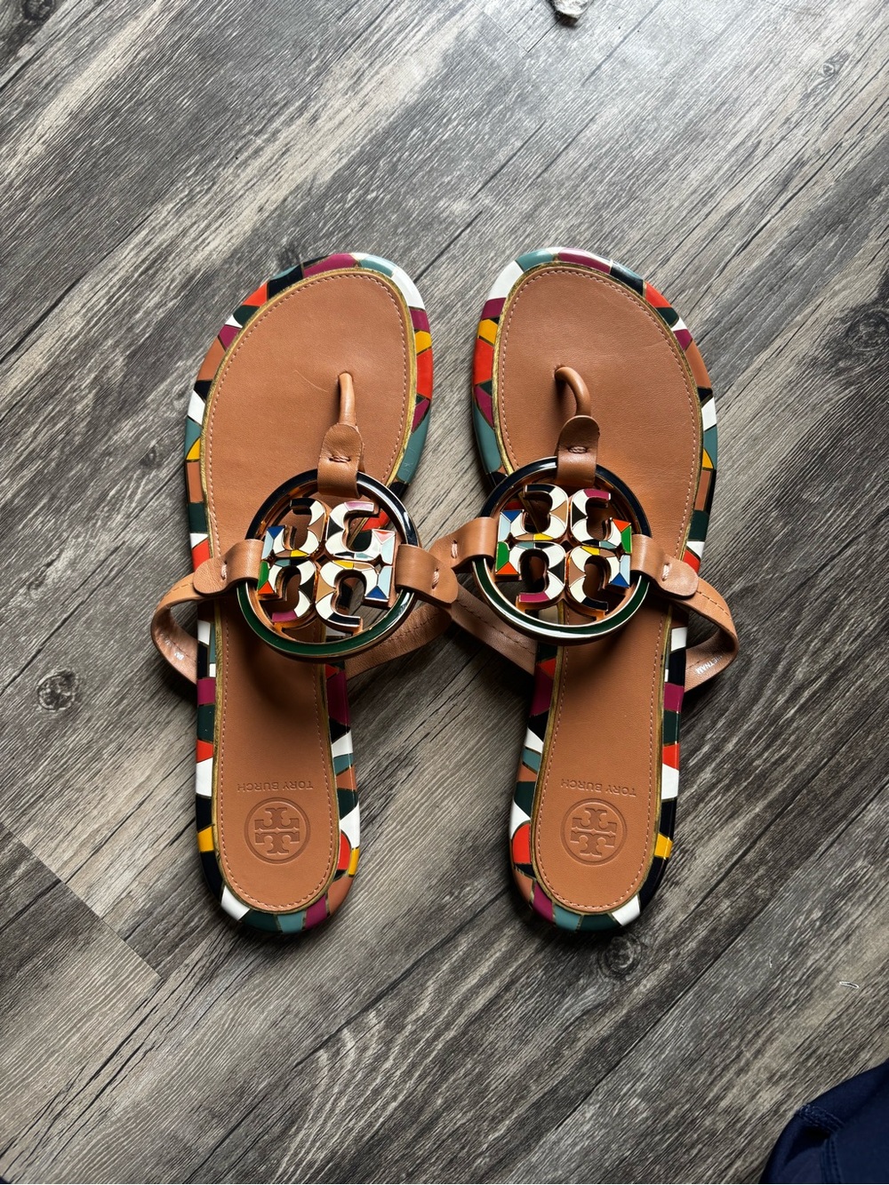Tory Burch Tan Leather Sandals with Multicolor Geometric Trim